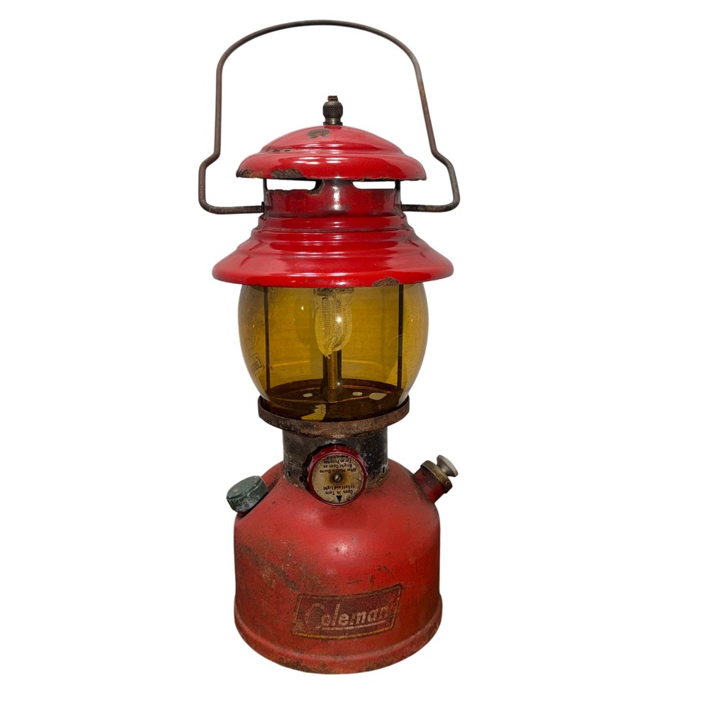 Vintage Coleman 200A Lantern Red Single Mantle Amber Pyrex Globe USA Made AS IS